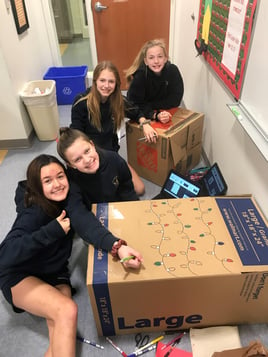 Students are decorating boxes that went to the class&#39; adopted family during the holidays.